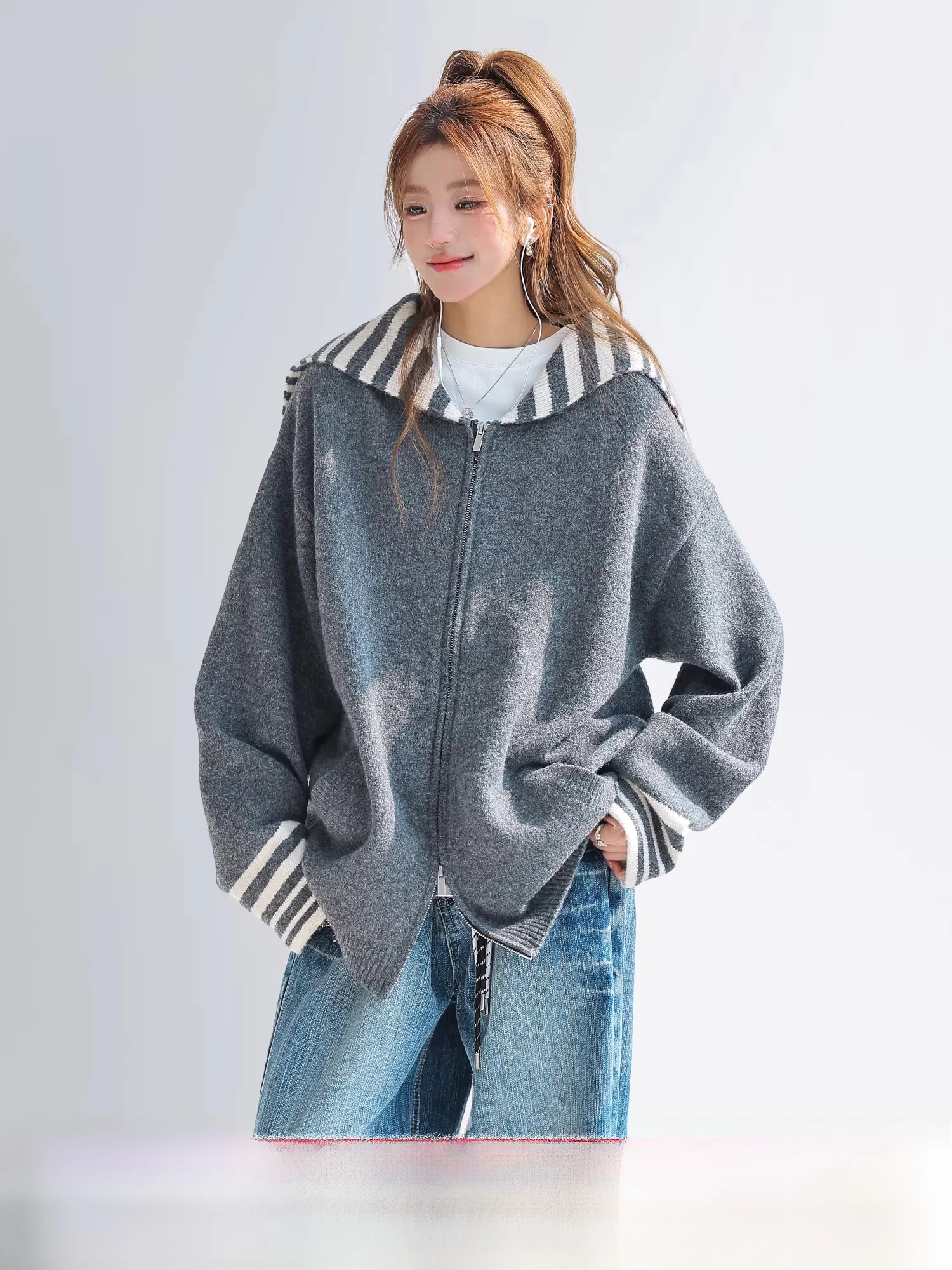

Korean Sle Striped Navy Collar Woolen Sweater Cardigan Women's Loose Fit Casual Long Sve Warm Knitted Outerwear