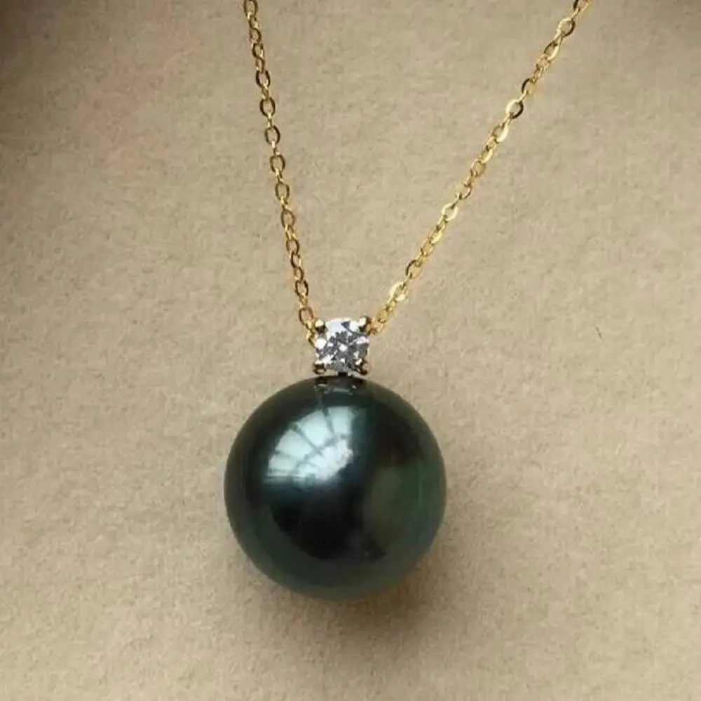

18'' Pearl Pendant Necklace 10-11mm Classic AAAA Natural Tahiti Black Round Bead 925S