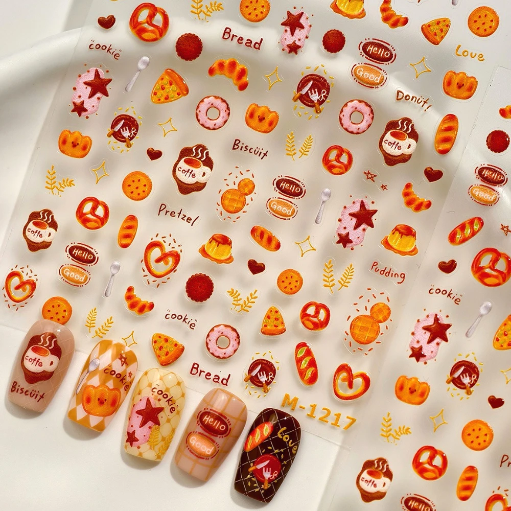 

Lovely Cookies Donut Pudding Croissant Pretzel Bread Cartoon Jelly 3D Self Adhesive Nail Art Sticker Cute Bakery Manicure Decals