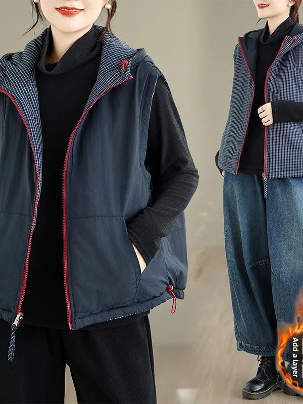 Warm Plaid Cotton Vest Women's Autumn Winter Two-Sided Wear Hatless Sleeveless Coat Casual Commute Style Zipper Closure
