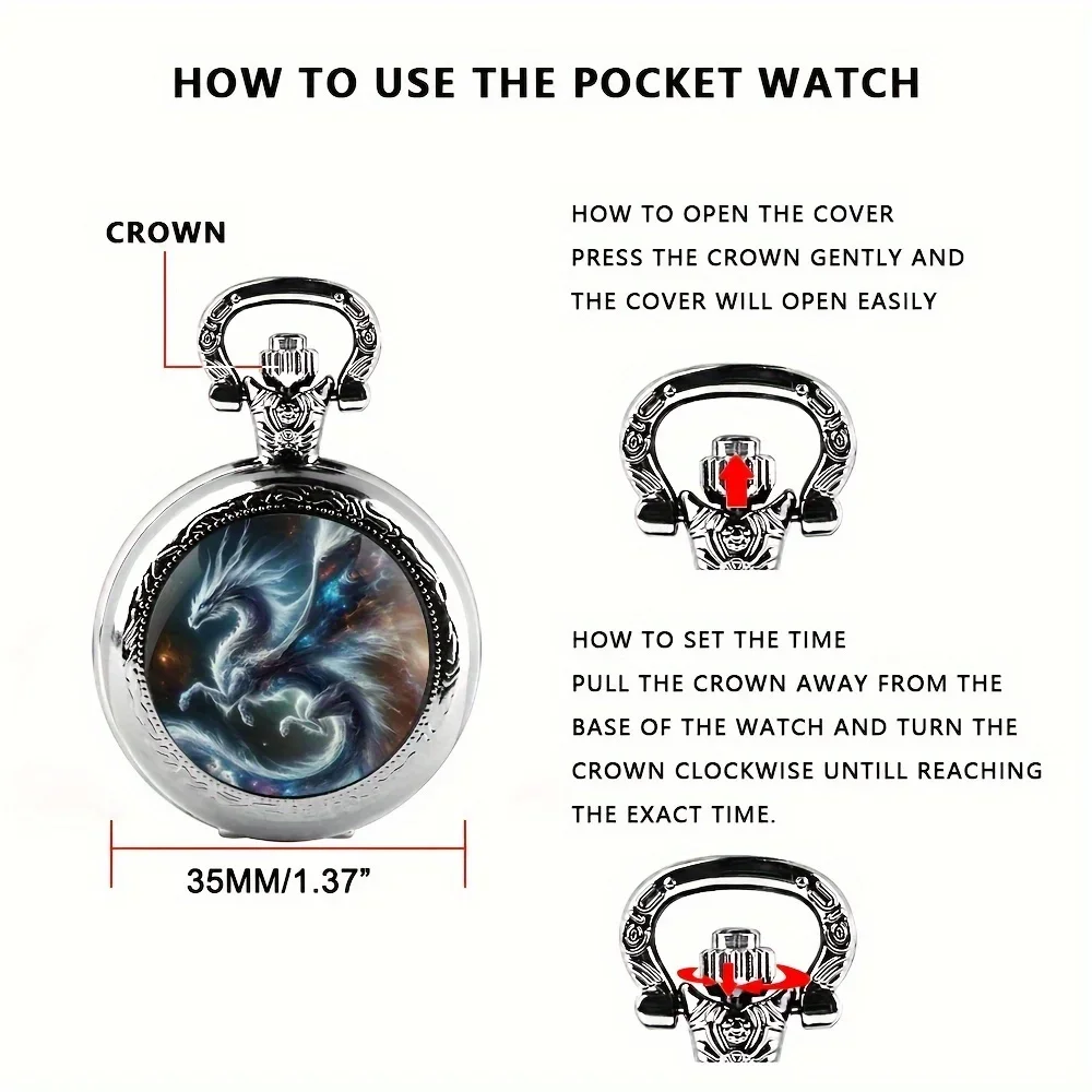 1pc Retro Creative Dragon Quartz Pocket Watch, Cool Silvery Necklace Pocket Watch, Gift Accessories