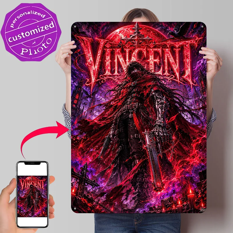Vincent Valentine Vampire Hunter 3D Texture Metal Poster Customized Wall Art Tin Sign Gift for Mancave Decor Living Room Home