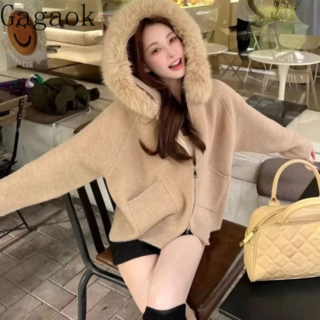 Gagaok Hooded Fur Collar Knitted Cardigan Coat 2024 Autumn Winter Clothes Zipper Sweater Coat Gentle Pocket Slim Jackets