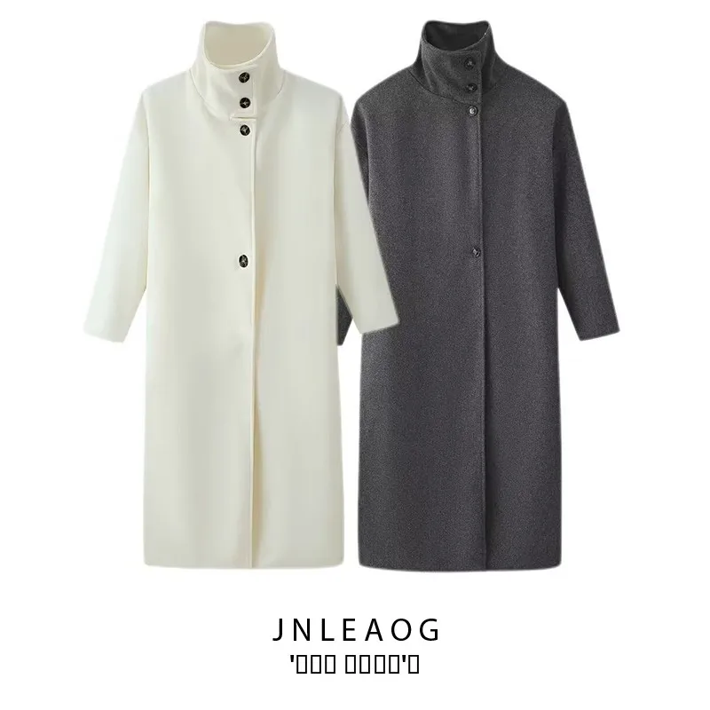 

Модное свободное шерстяное пальто-жакет женское, в уличном стиле, осеннее, новинка, с воротником-стойкой, средней длины, из полиэфирного волокна