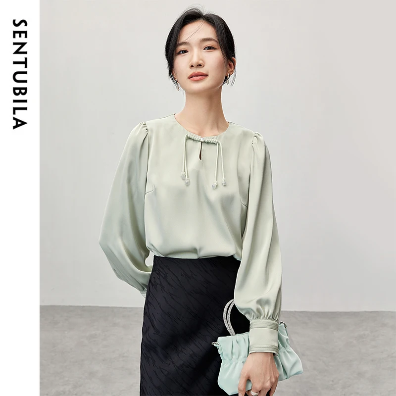 SENTUBILA Elegant Satin Blouse Women 2024 Autumn Chiffon Straight Hollow Out Tassel O Neck Chinese Style Women Tops 143V58117X