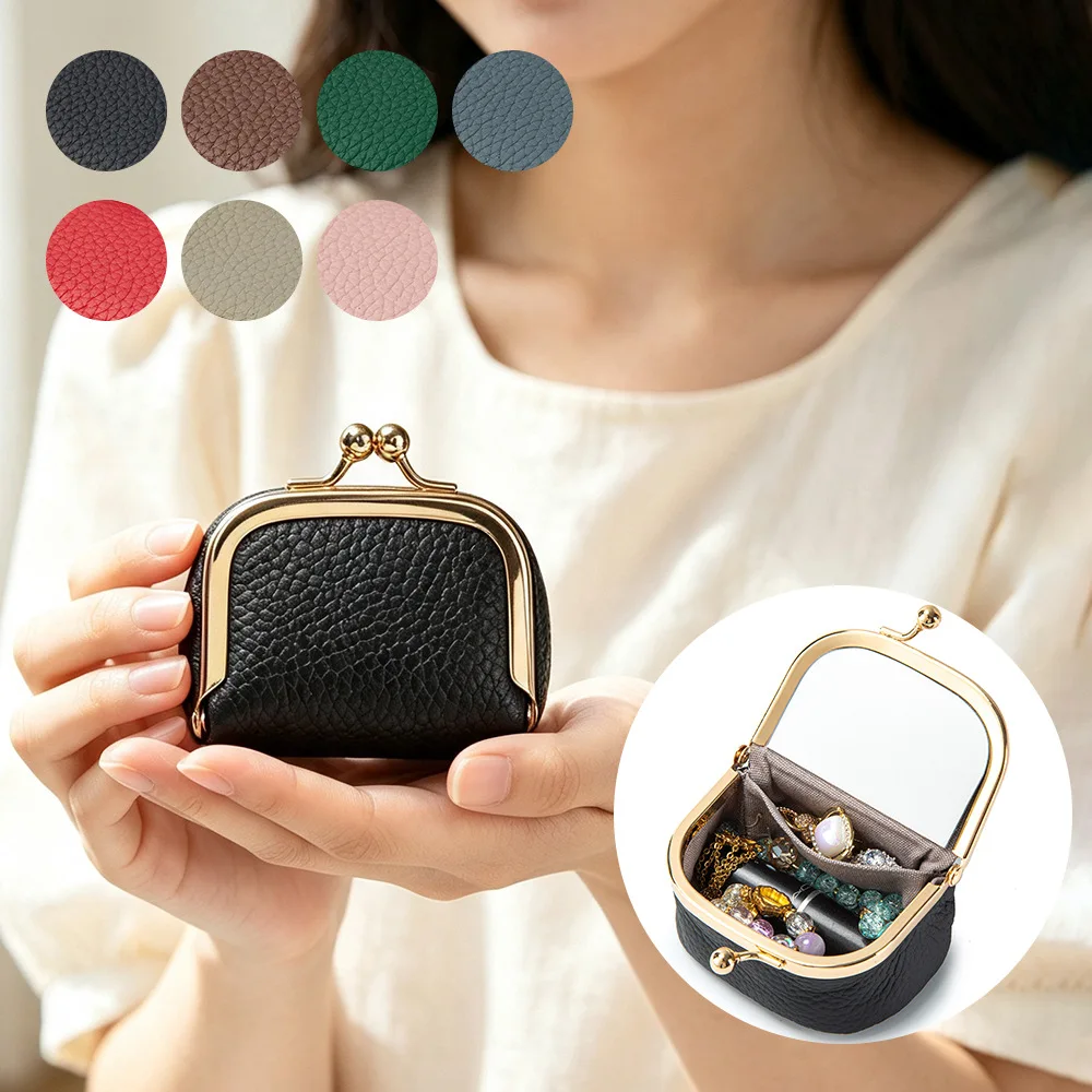 Litchi Grain Genuine Leather Kiss Lock Jewelry Box Built‑in Mirror Portable Travel Mini Lipstick Coin Storage Cosmetic Case