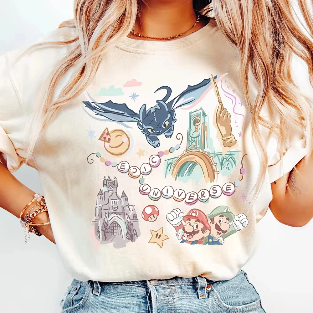 2025 ديزني ريترو الأسرة قميص للنساء الصيف فضفاضة وتنفس القطن جولة الرقبة تي شيرت Y2K اليومية مريحة #2