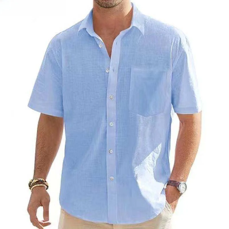 

Simple Color Men's Short Sleeve Shirt Stylish Versatile Summer Fashion Breathable Cotton Linen Blend Casual Button up