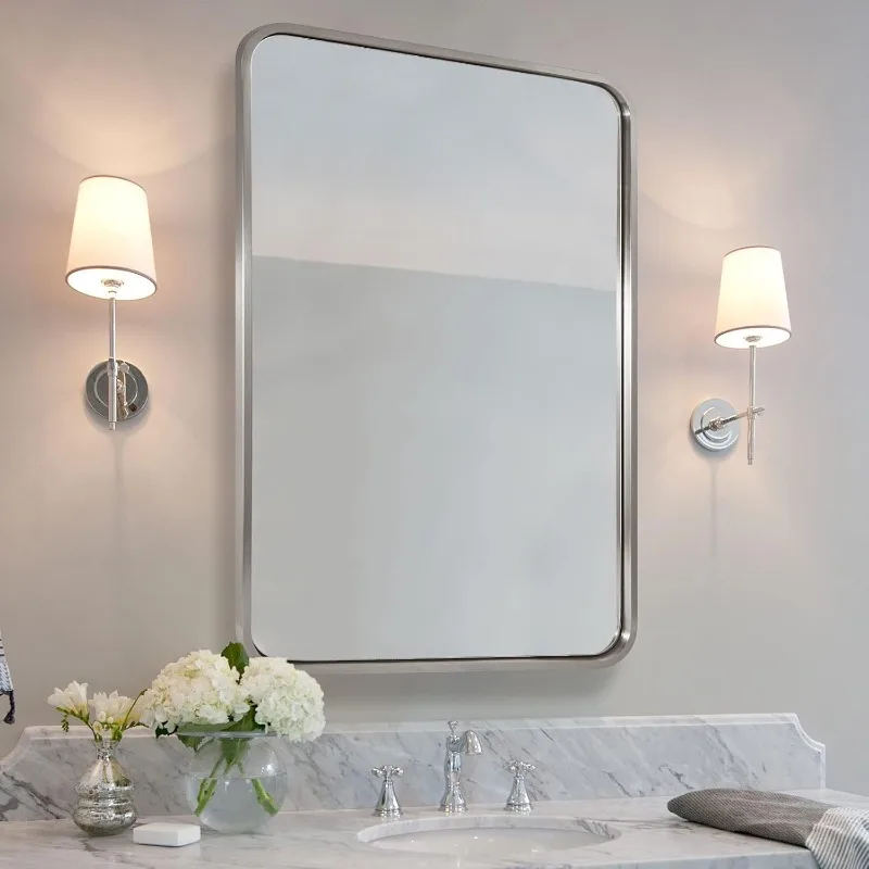 rushed Nickel Bathroom Mirror, 24x36’’ Rounded Rectangle Mirror Modern Silver Vanity Mirror SUS304 Metal Tube Frame(R