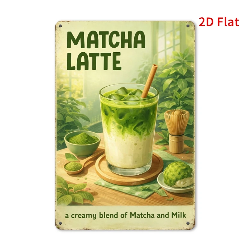 2D Flat - 2D Plane - [2Dflat] 1pc - Retro Matcha Latte Metal Metal Sign, Retro Green Tea Drink Wall Art, Kitchen Decoration,