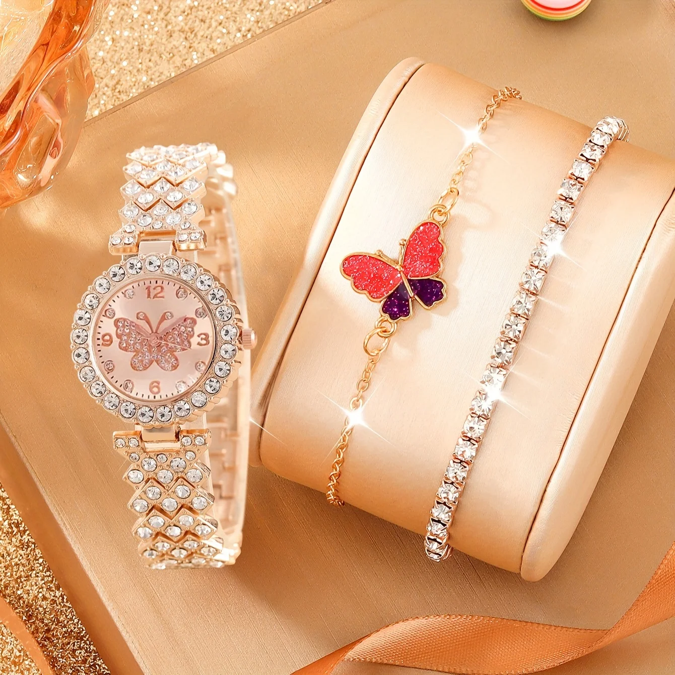 6pcs Rose Golden Quartz Watches For Women Alloy Wrist Watch Butterfly Jewelry Set Great Gift For Her Mom Girlfriend Gifts For Ei