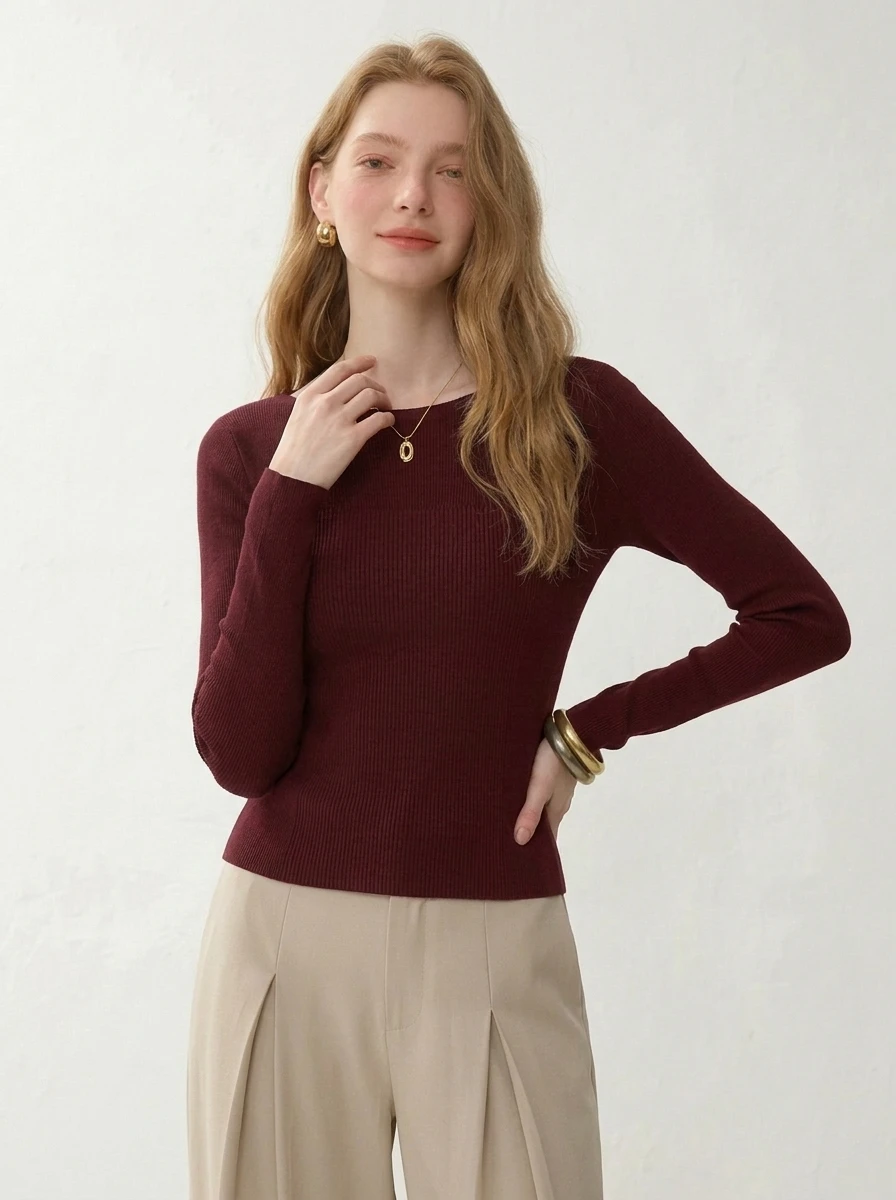 Elegant Slim Fit Knitted Sweater Women's Base Layer Top in Burgundy One Shoulder Design Autumn Winter New Style Commute Style