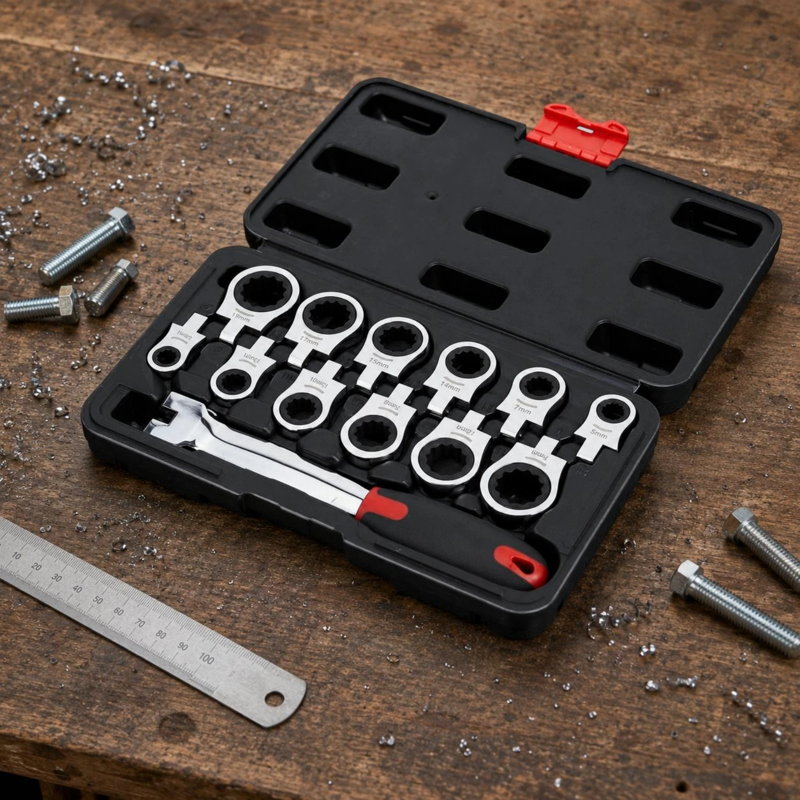13 Pieces Interchangeable-Head Ratchet Wrench Set Molded Slots 13-Piece Ratchet Wrench Set Repair Kit Circular Openings
