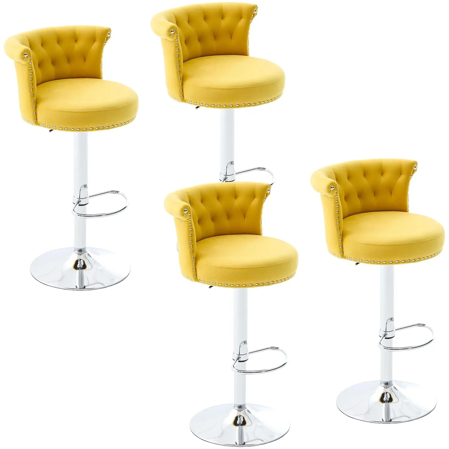 

Желтые барные стулья из бархата с регулировкой высоты и поворотным механизмом, комплект из 4 штук, с хромированными декоративными гвоздиками, для кухонного острова, столовой, домашнего бара, на заказ