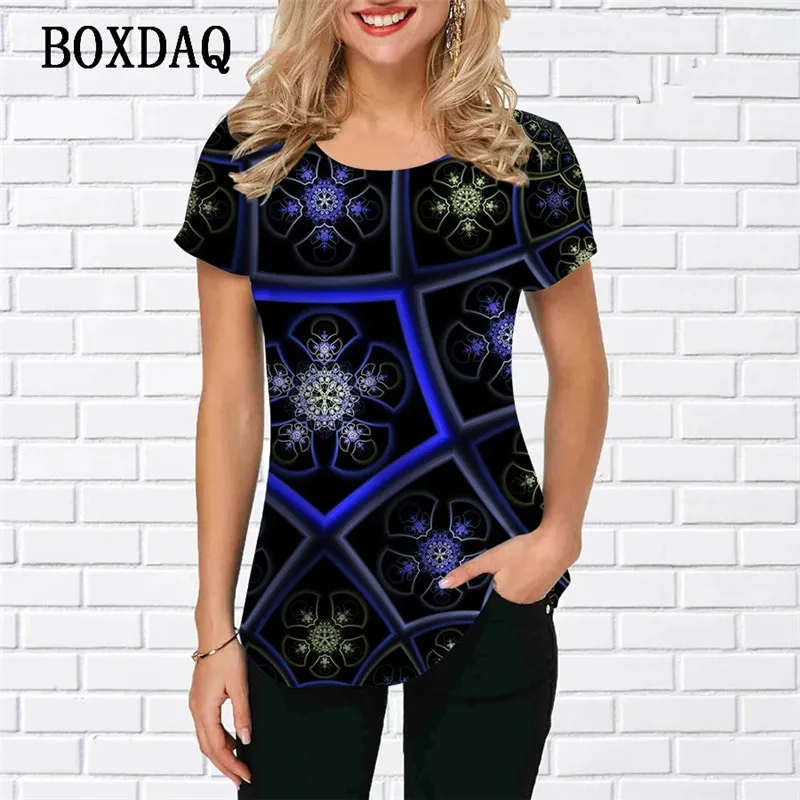 

Женские винтажные футболки в клетку в полоску с цветочным принтом, летние повседневные топы с короткими рукавами и 3d цветочным принтом, большие топы с круглым вырезом, женская одежда