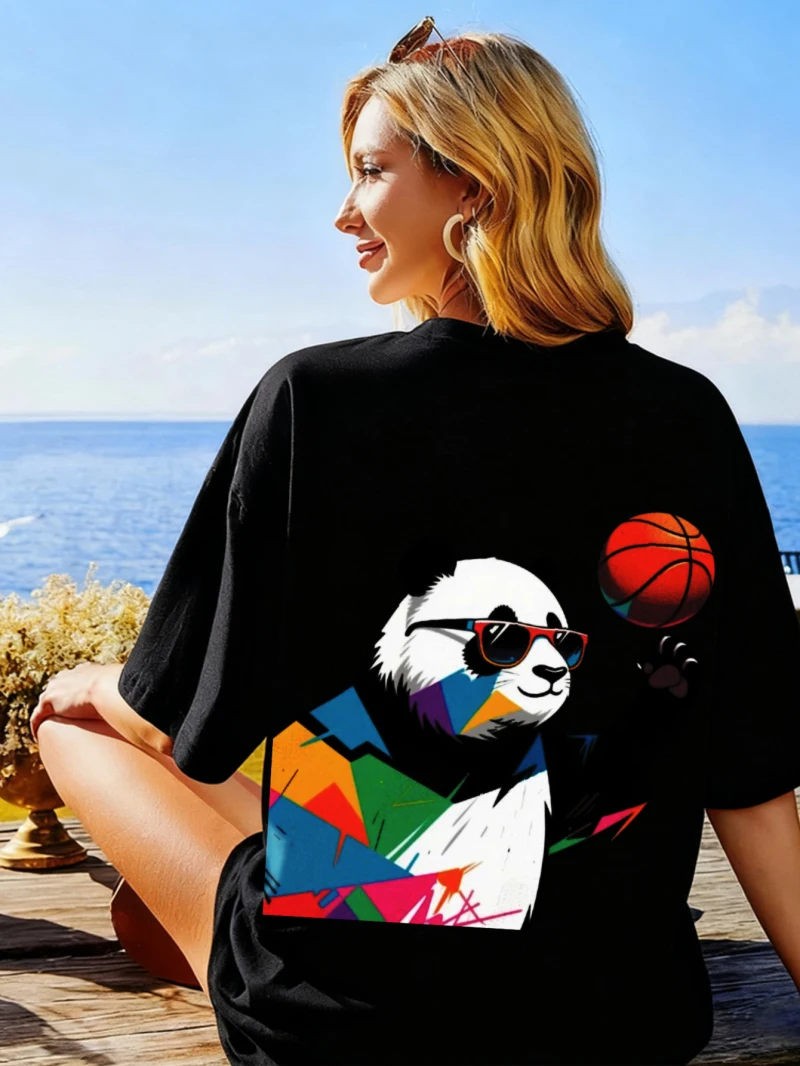 Women's Short-sleeved T-shirt with Panda Basketball Theme Print Round Neck Loose Fit Couple Style Summer Women's Clothing