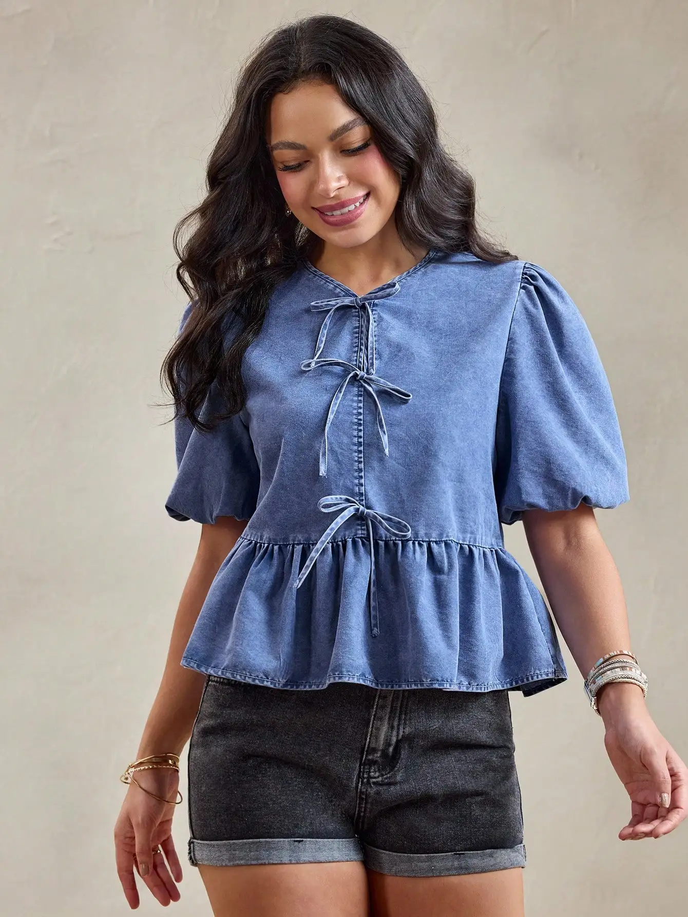 

Women's Denim Ruffle Top with Puff Sleeves and Tie Front, Casual Spring Summer Blouse