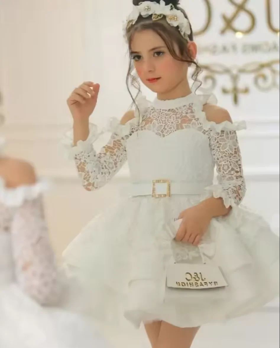 

Princess Flower Girl Dresses For Wedding Lace 3/4 Sleeve Knee Satin Length Girl Kids Birthday Party First Holy Communion Gown