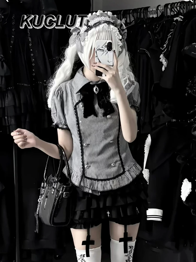 

Хэллоуин Готический Темный Стиль Девушка Комплекты из двух предметов Полосатый бант Тонкая рубашка с короткими рукавами и пышная юбка-тортик Летний повседневный костюм