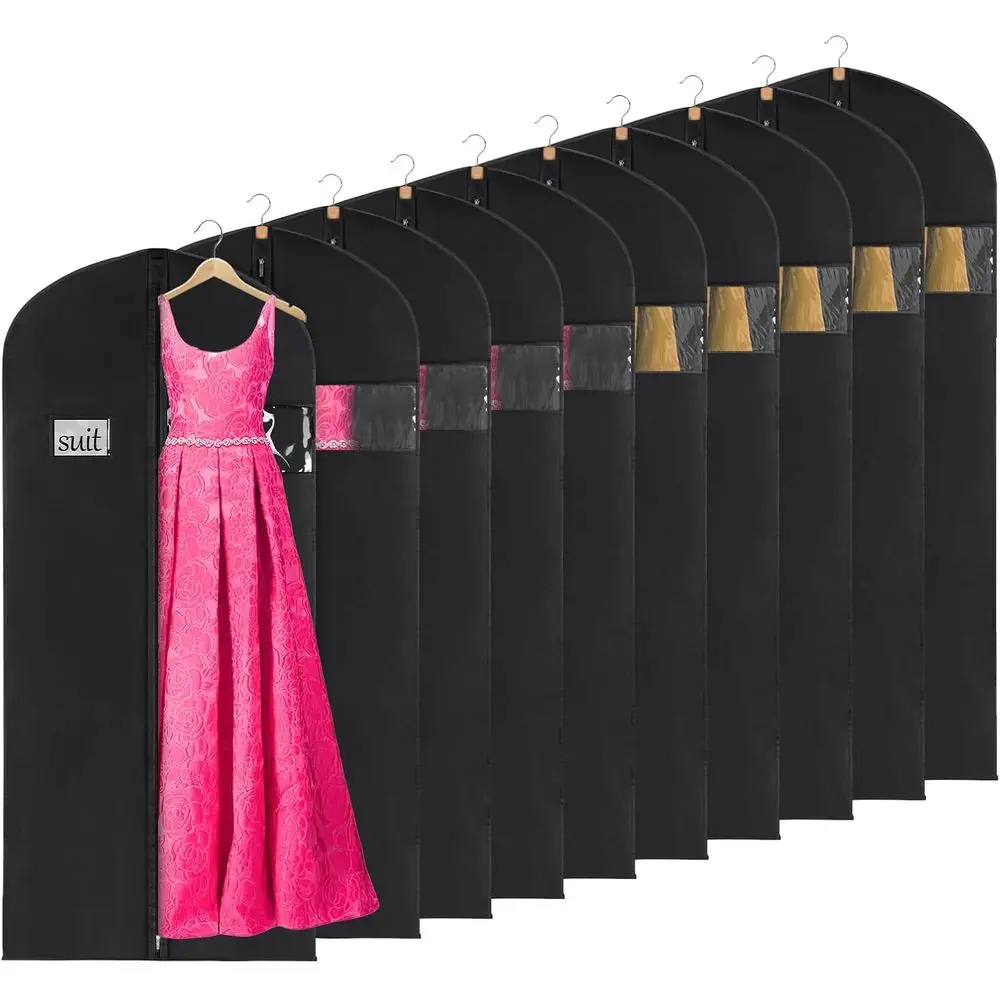 

Набор из 10 длинных мешков для одежды для подвешивания платьев, шкафа для хранения, с прозрачным окном и карманом для этикеток, черный