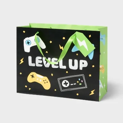 Large 'Level Up' Video Game Controllers Birthday Gift Bag Black for Gifts, Parties and Celebrations