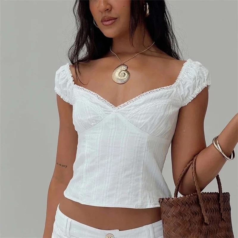 

White Lace Splicing V Neck Cinched Waist Fitted Cropped Top Women Summer Short Sleeve Casual Blouse For Daily Dating Vacation