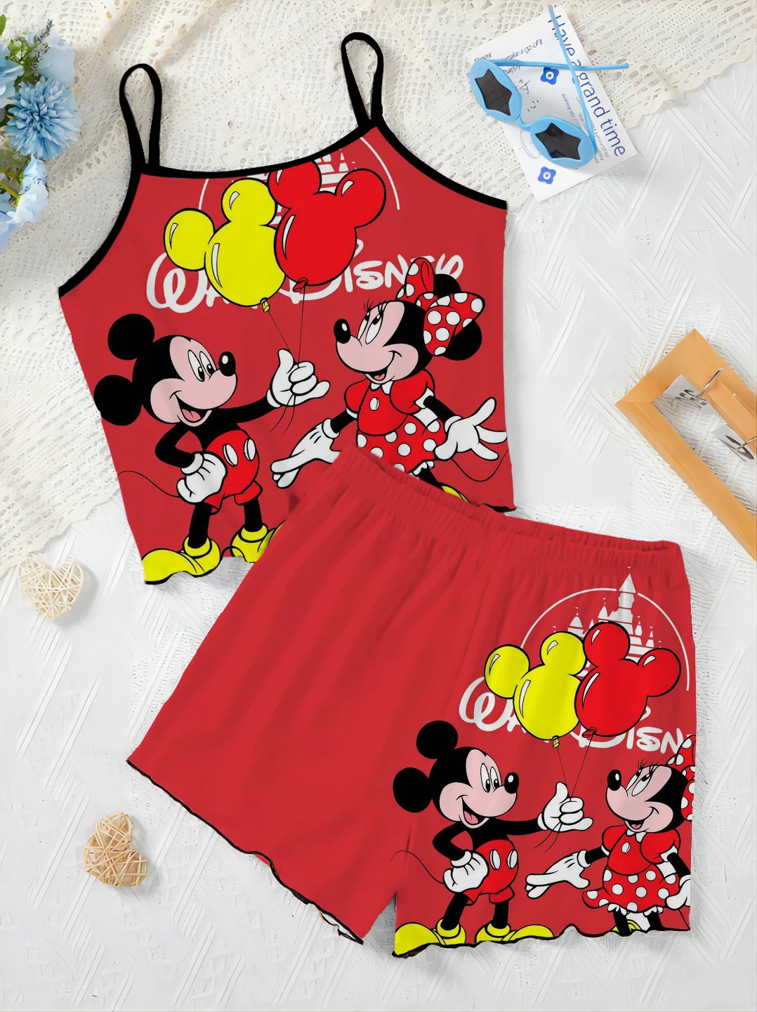 Ensembles courts trempés pour femmes, robe à enfiler, haut Minnie Mouse, jupe pyjama, garniture en laitue, t-shirt Disney, pièces élégantes