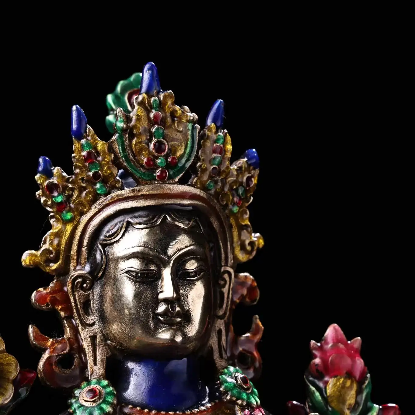 Green Tara Statue Tibetan Cloisonne Enamel Pure Copper Hand Painted Buddhist Home Altar Decor Gift Collectible