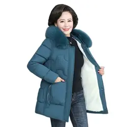 Medium Long New Fashion Middle-Aged Elderly Mother Women's Thick Add Velvet  Autumn Winter Keep Warm Coat Cotton-Padded Jacket