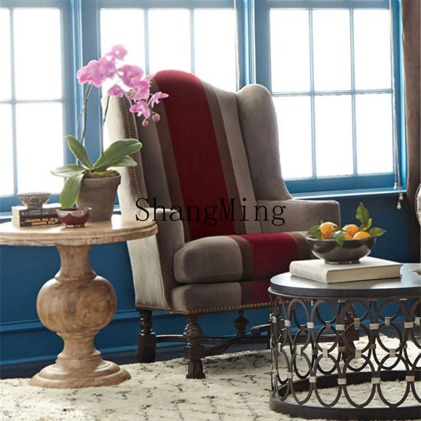 CL retro solid wood fabric sofa chair medium and ancient style color matching single living room study leisure negotiation chair