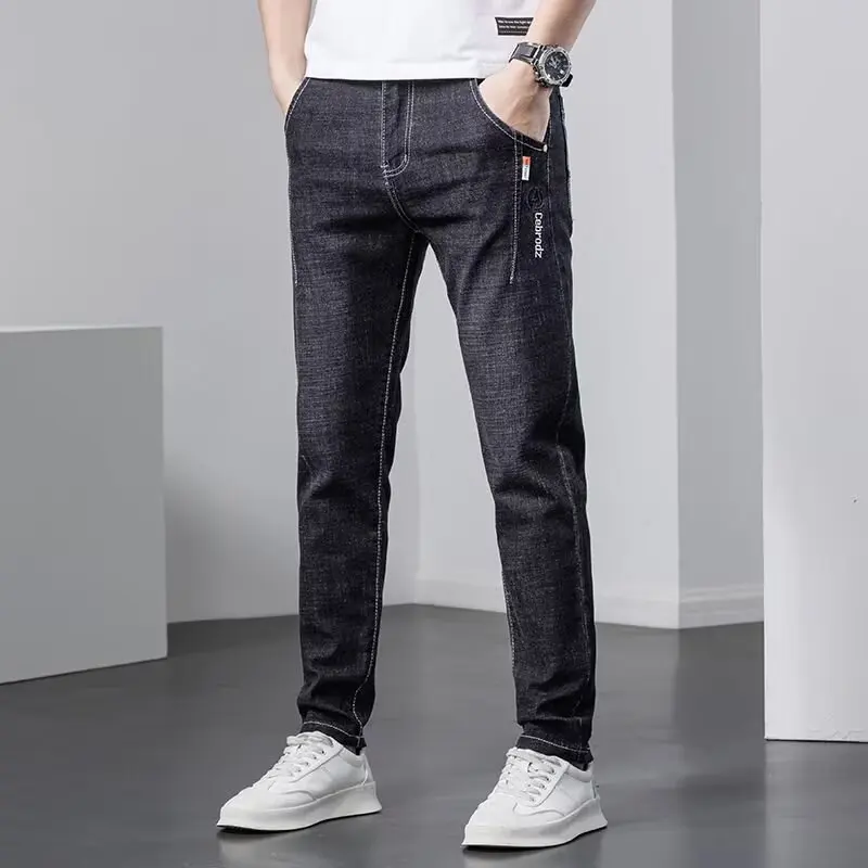 

Men High Quality Black Gray Jeans Business Casual Loose Straight Leg Denim Pants Korean Style Trend Male Stretch Casual Trousers