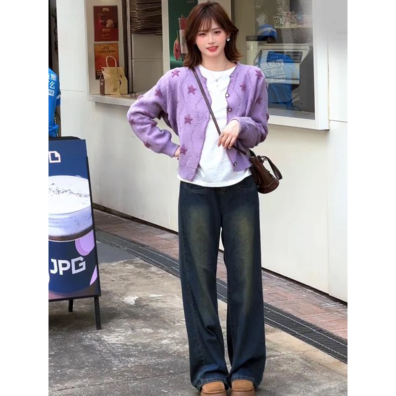 Weicher Wind Lila Stern Strickjacke Herbst Winter Anti-Aging High-End Weißes T-Shirt Jeans T-Shirt Set Damen Faion