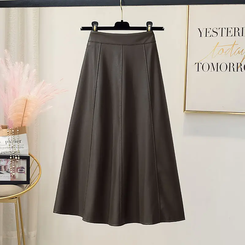 Autumn Winter Temperament A-Line Women Leather Skirt Fashionable Solid Color Bright Line Decoration Midi Skirts Female Clothing