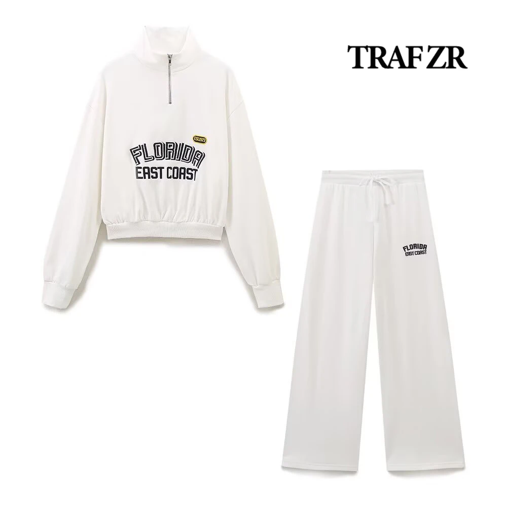 

TRAF ZR Athleisure Trend Pant Sets Text Embroidery Two Piece Set Women Stand Collar Sweater Top Elastic Waistband Baggy Pants