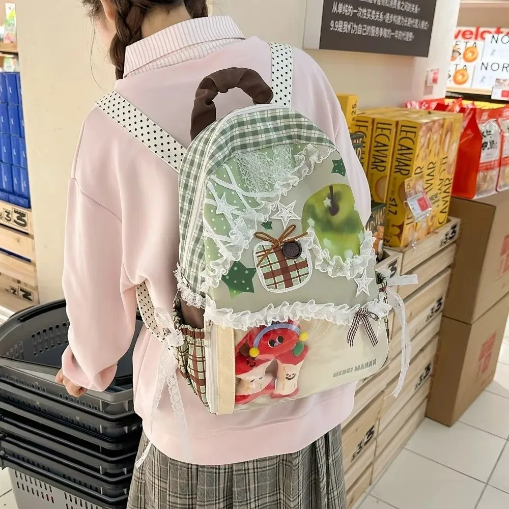 Apple Star Pattern Ita Bag Portable Transparent Layer Lace Plaid Backpack Bolsas Feminina Bags Fun Bag Fresh Sweet Backpack