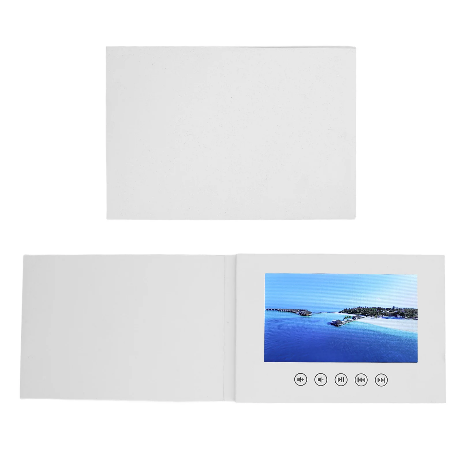 โบรชัวร์วิดีโออิเล็กทรอนิกส์ 720P HD การ์ดอวยพรวิดีโอ หน้าจอสี LCD พร้อมลำโพงในตัว สติ๊กเกอร์สำหรับคริสต์มาส