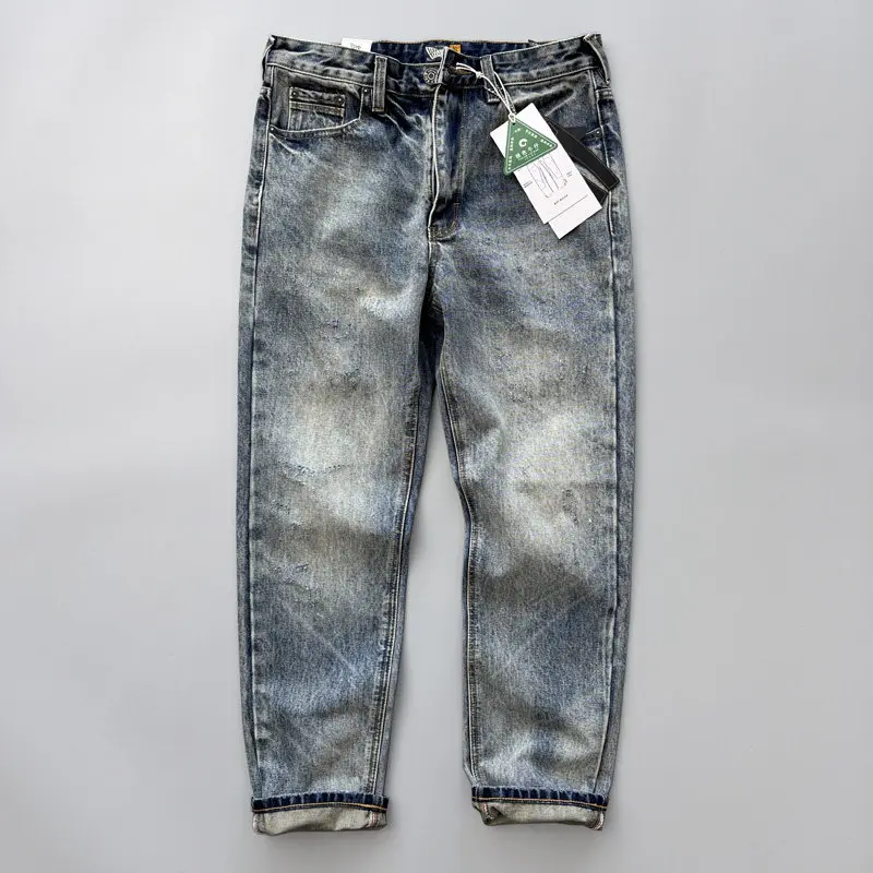 

Heavyweight Fall Winter Thickened Slim Straight Denim Jeans for Men American Vintage Casual 100% Cotton Light Blue Washed Pants