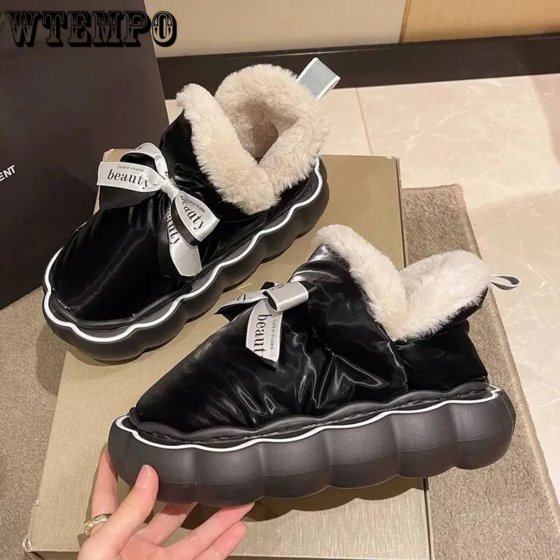 Black PU Leather Snow Boots Cute Lace Up Bow Plush Warm Women Cotton Shoes Thick Flat Sole Waterproof Winter Casual PreppyStyle