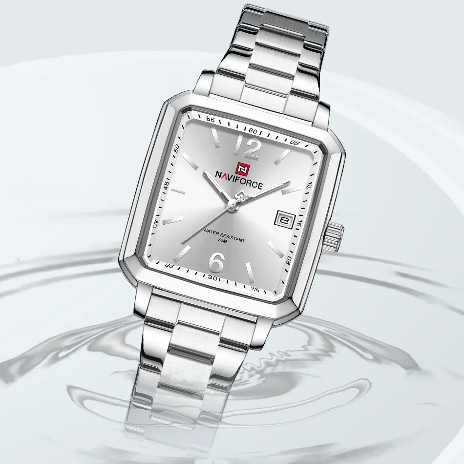 NAVIFORCE NF9252 Reloj de cuarzo resistente al agua con correa de acero inoxidable Simple clásico de negocios para parejas con luz nocturna