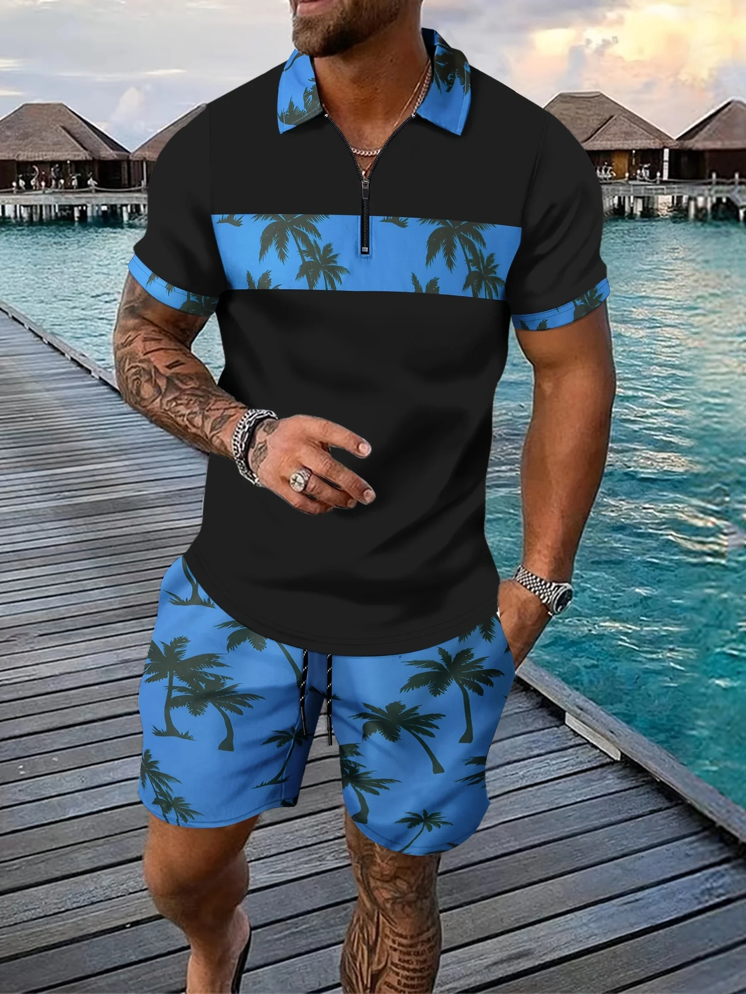 2-piece Men's Summer Holiday Style Outfit Set Short Sleeve Zip Golf Shirt & Waist Drawstring Shorts With Pockets Beach Resorts