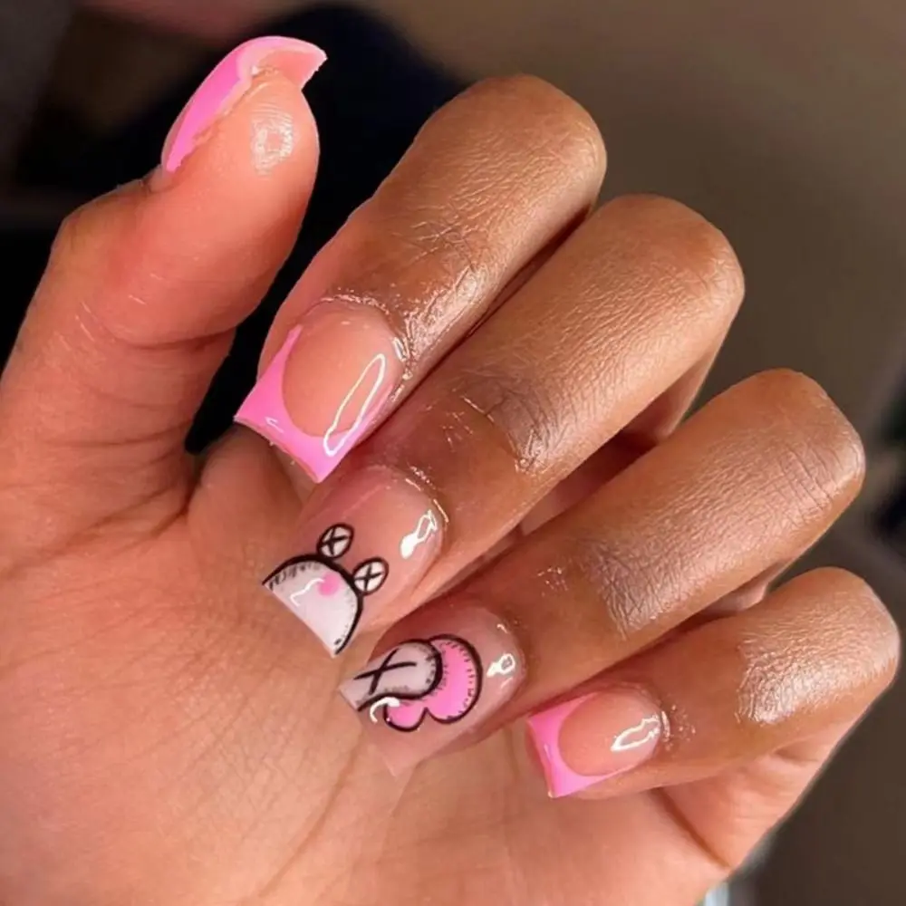 24pcs Short Square False Nails French White Edge Pink Fake Nails Full Cover Nail Tips Press on Nails faux fingernail