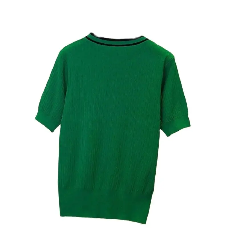 Women\'s Sweater Ice Silk Short Sleeve V Neck Colorblock Pullover 2024 Summer Korean Fashion Style Wear Outside Knitwear