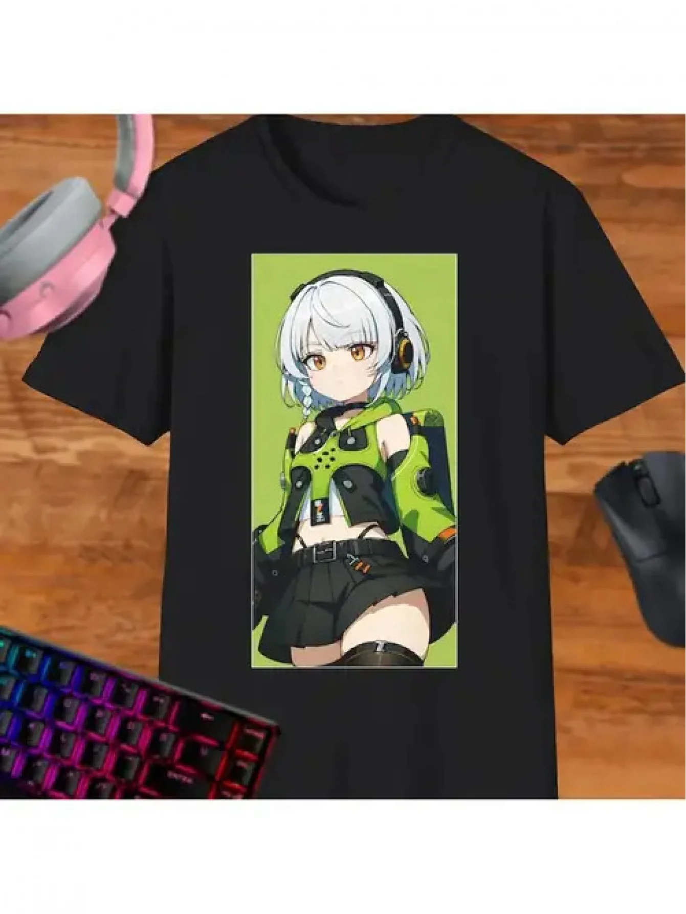 

Zenless Zone Zero Anime Graphic T-Shirt - Black Cotton Crew Neck Short Sleeve Shirt with Green & White Print, Skinny Fit