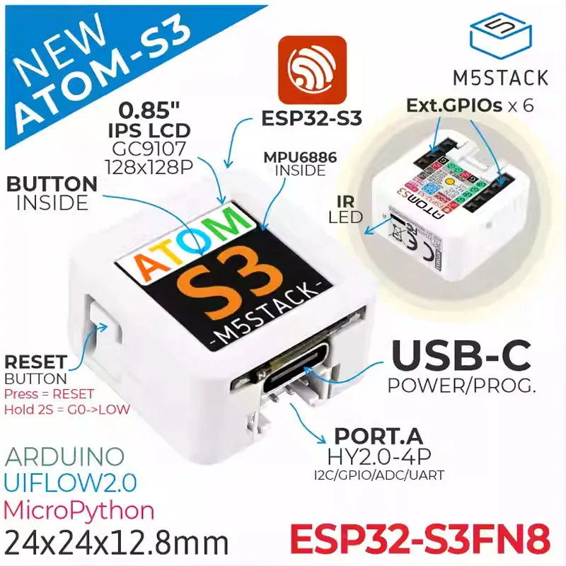 M5Stack AtomS3 ESP32-S3 High Integration IoT Programmable Controller Paired with AtomlC Echo Base AI Voice Chat