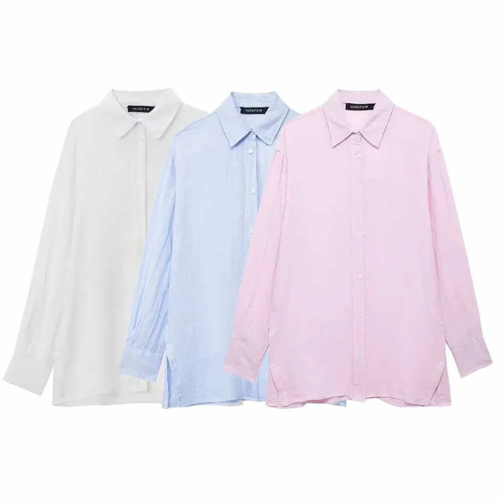 Blue Linen Women Shirt Plus Size Button Lady Blouse New In 2024 Spring Summer Fashion Casual Elegant Office Women Clothing