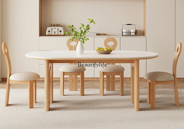 

Log Cream Wind Solid Wood Slate Dining Table Modern Simple Household Rectangle Oval