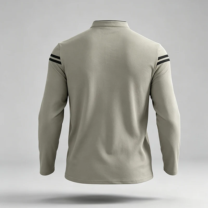 Herren-Poloshirt mit langen Ärmeln, Stehkragen, Knopfleiste und Streifenmuster – ideal für Reisen, Einkäufe und den Alltag. – Detail 5