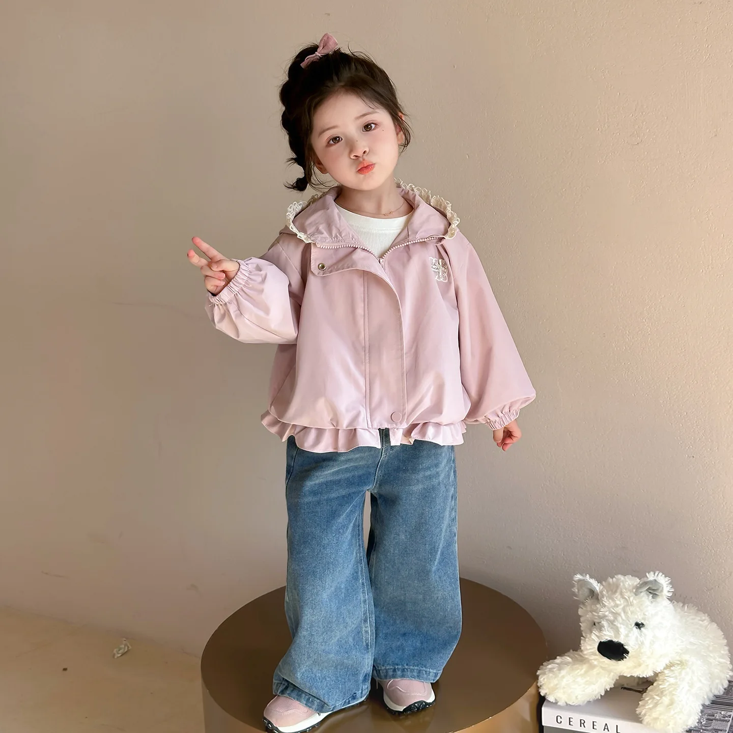 

Girls Outerwear Spring and Autumn New Lace Hooded Top Korean Version Fashionable and Stylish Casual Daily Temperament