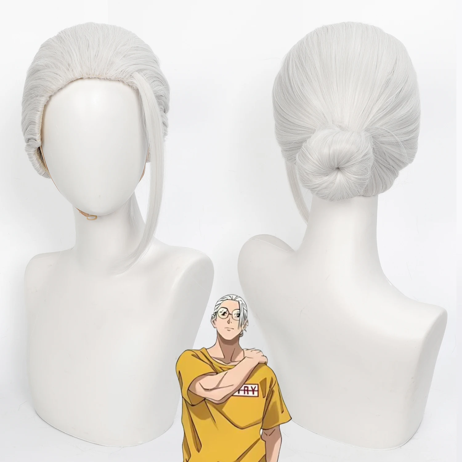 Cosplay Wig SAKAMOTO DAYS Anime Wig Sakamoto Slicked Back Silvery White Synthetic Wig with Bun Game Cosplay Wig