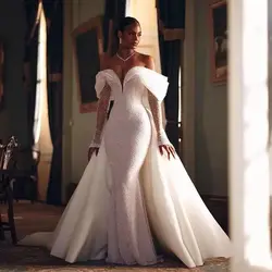 Luxury Wedding Dress Lace Sequins with Train V Neck Full Sleeve Vintage Bride Gown Mermaid Vestido De Novia